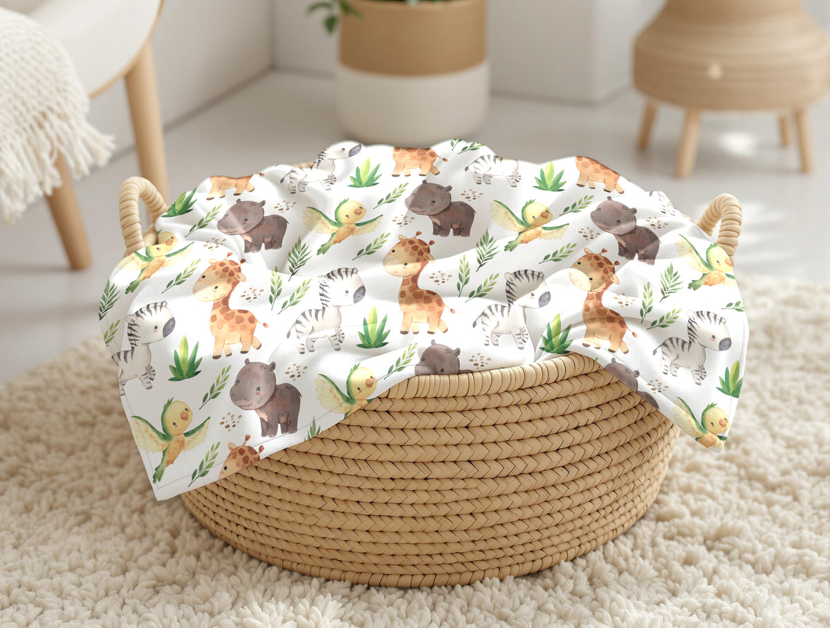 Calinou doudou, couverture ultra douce, motif bébé safari (savane, girafe, hippopotame, zèbre, perroquet) par 4Timini