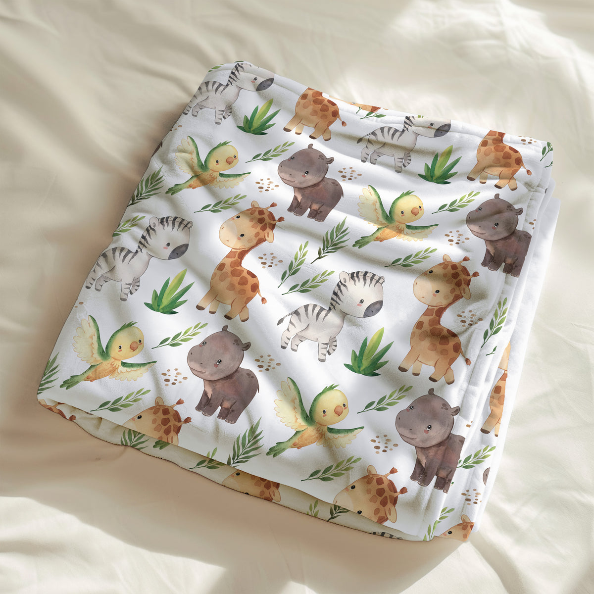 Calinou doudou, couverture ultra douce, motif bébé safari (savane, girafe, hippopotame, zèbre, perroquet) par 4Timini