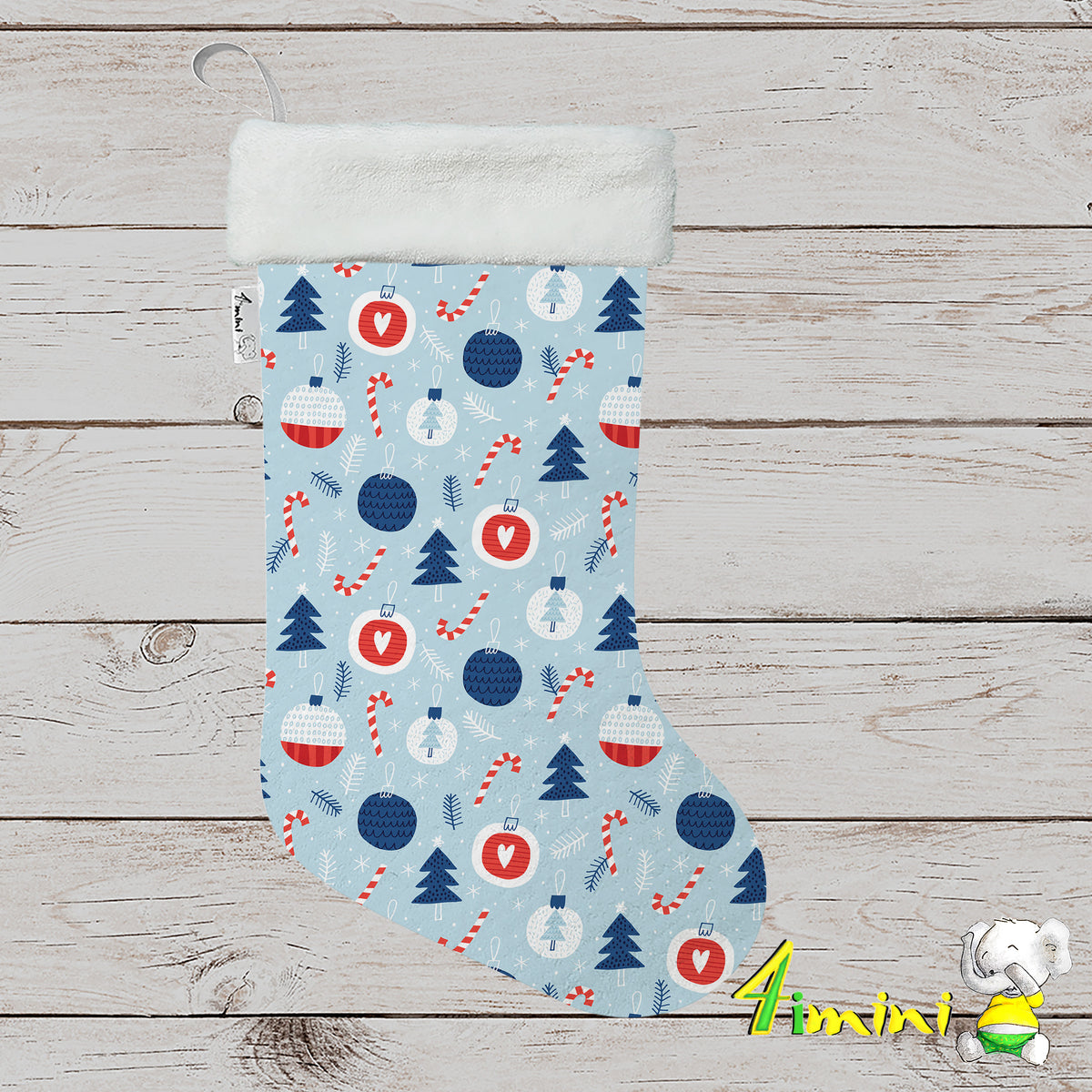 Bas de noël format décoratif avec bordure blanche, avec le motif de boules de noël, coeur, sapin, canne de bonbon, flocon par 4Timini