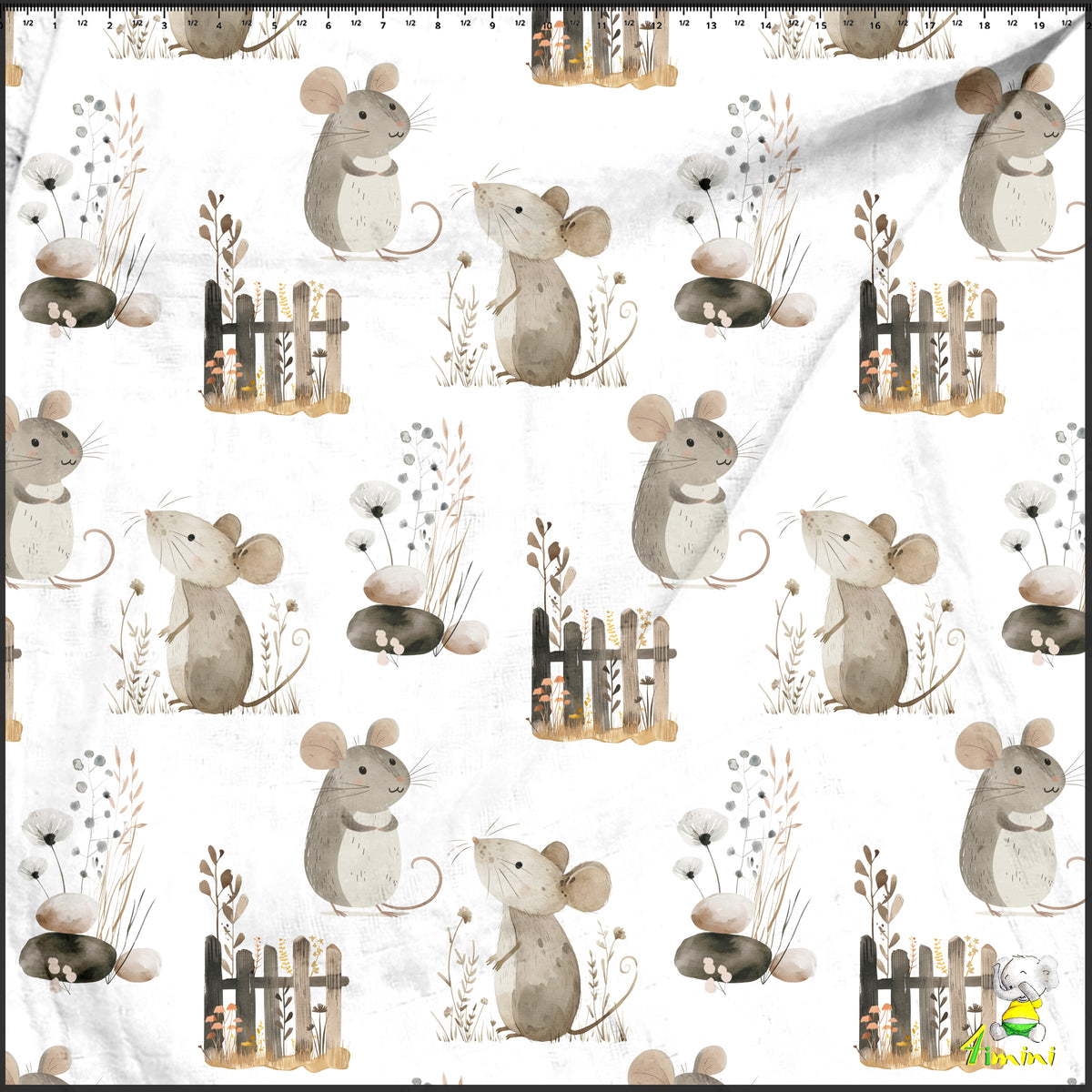 Motif petits rongeurs, des souris grises dans les herbes, feuillage aquarelle