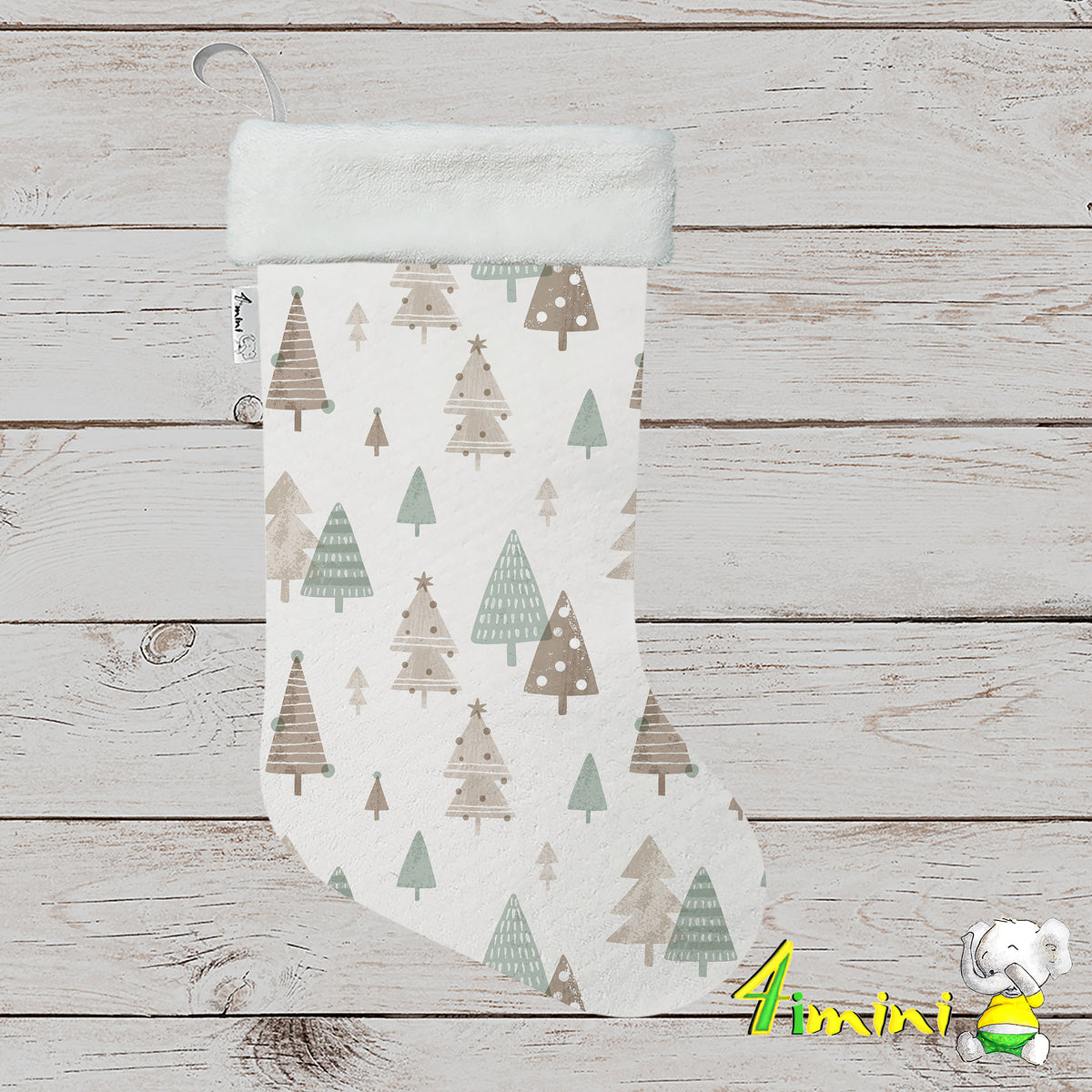 Bas de noël format décoratif avec bordure blanche, avec le motif de sapins neutre minimaliste dans les teintes de gris, sauge par 4Timini