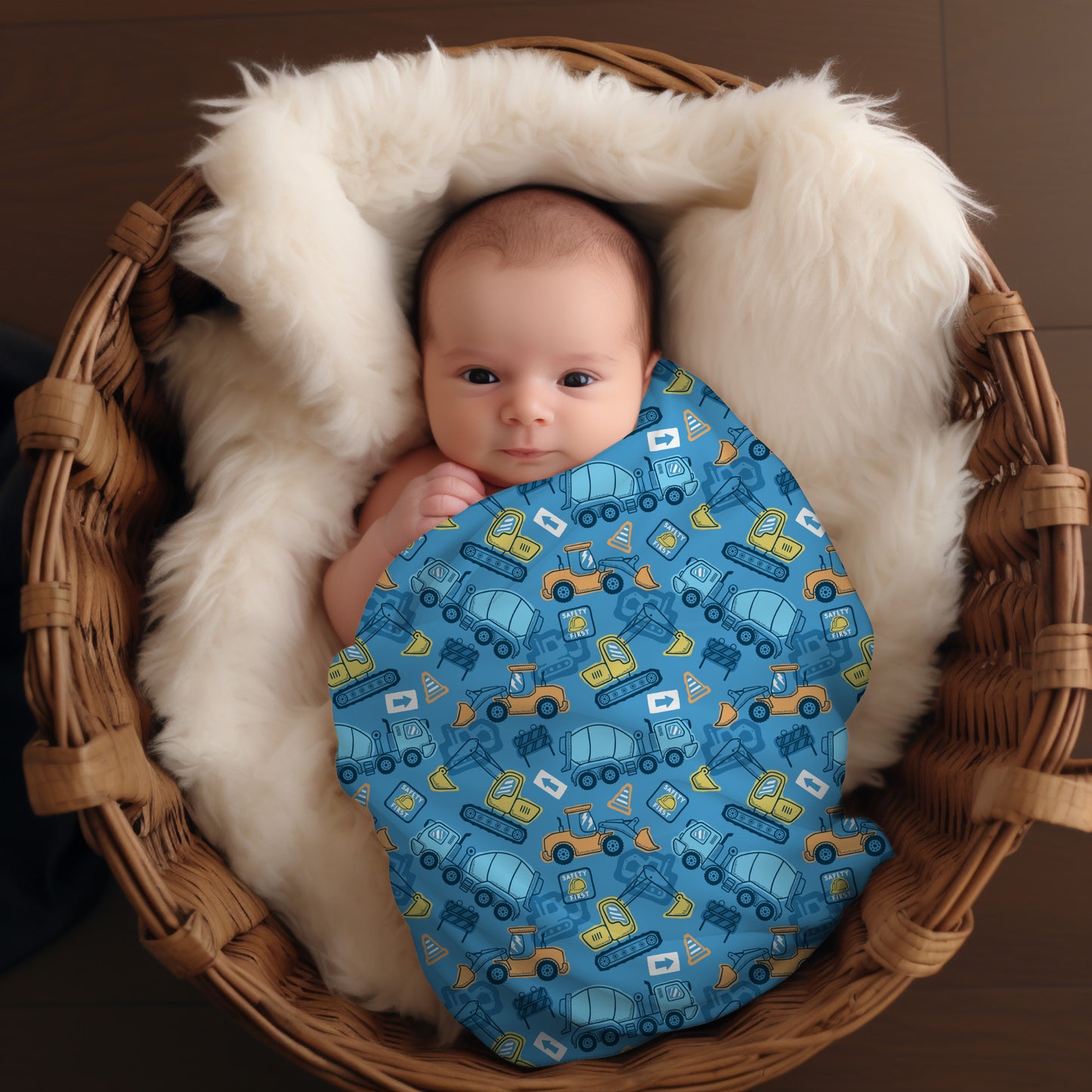 Couverture d'emmaillotage en mousseline de bambou et coton pour bébé, doudou motif camions de construction par 4Timini.
