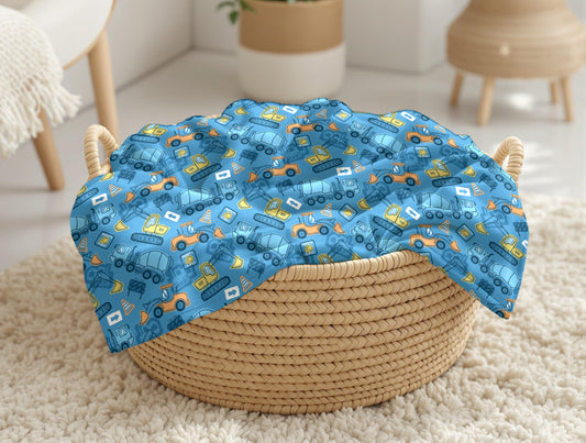 couverture, calinou doudou ultra-douce avec Camions de construction, Chantier, Petits camions, bétonnière, Camion malaxeur, Pelleteuse, Excavatrice, Camion benne, Camion à bascule, Grue, Bleu, Bleu azur, Bleu ciel, Orange, Jaune vif, Ludique, Coloré