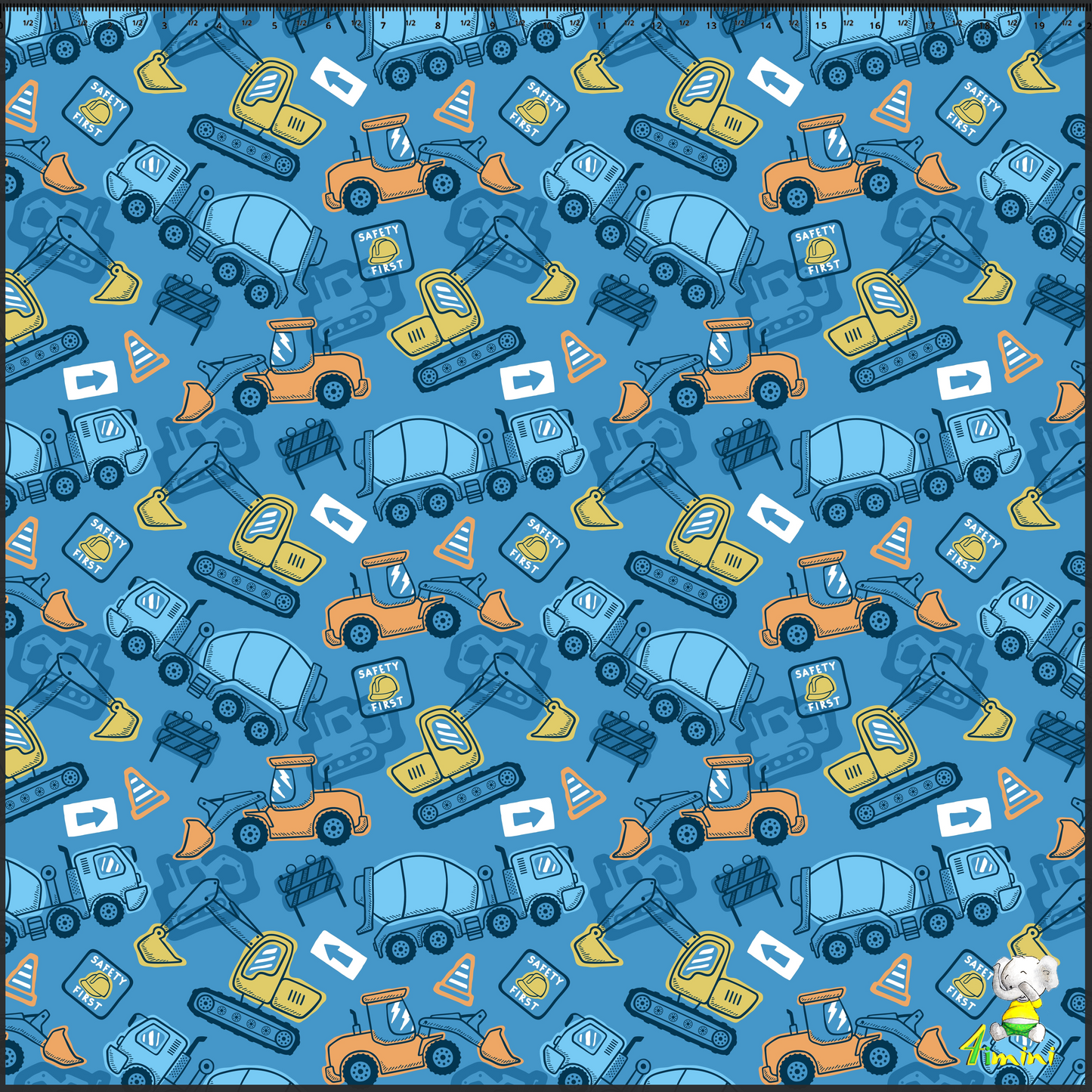 Camions de construction (déjà présent), Chantier, Petits camions, bétonnière, Camion malaxeur, Pelleteuse, Excavatrice, Camion benne, Camion à bascule, Grue, Bleu, Bleu azur, Bleu ciel, Orange, Jaune vif, Ludique, Coloré