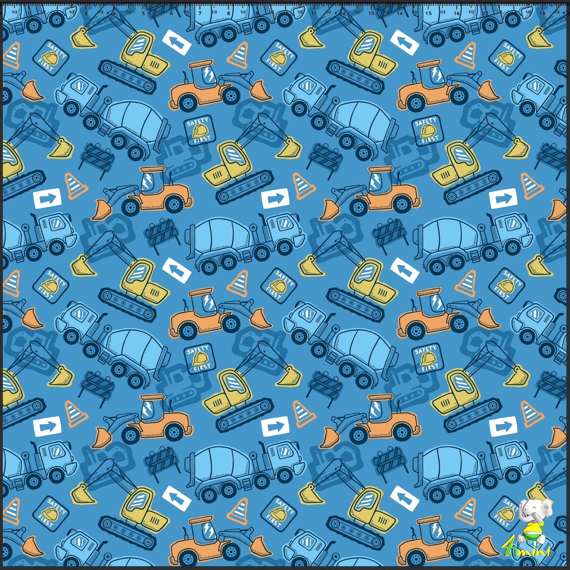 Camions de construction (déjà présent), Chantier, Petits camions, bétonnière, Camion malaxeur, Pelleteuse, Excavatrice, Camion benne, Camion à bascule, Grue, Bleu, Bleu azur, Bleu ciel, Orange, Jaune vif, Ludique, Coloré