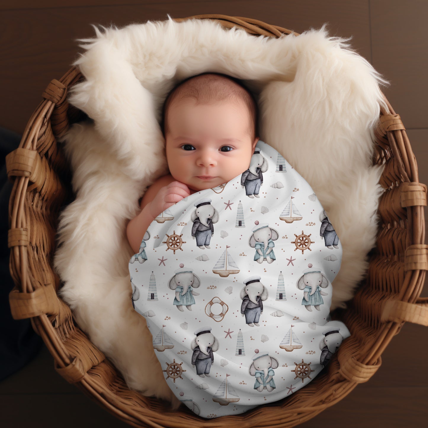 Couverture d'emmaillotage en mousseline de bambou et coton pour bébé, doudou motif Capitaine éléphant par 4Timini.