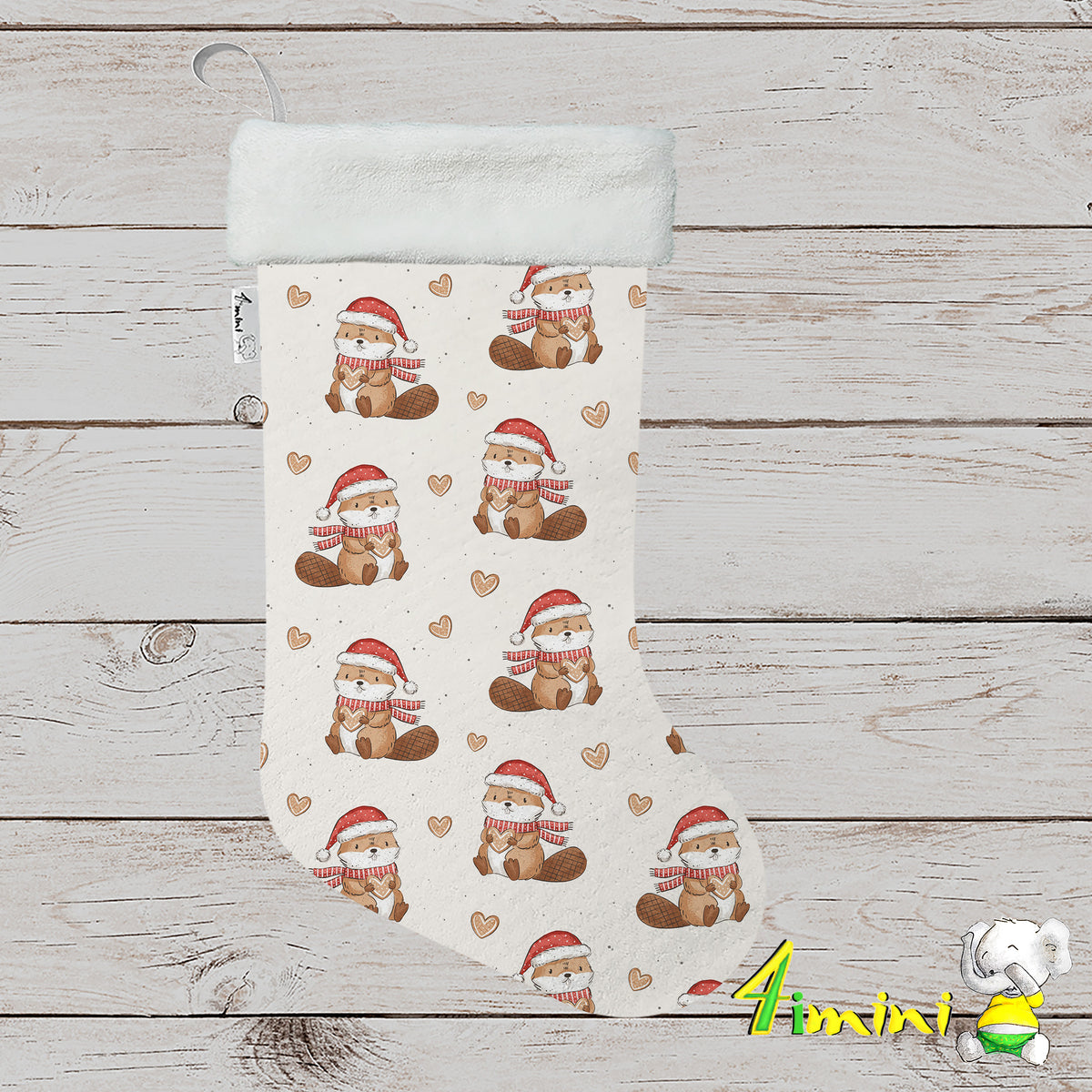 Bas de noël format décoratif avec bordure blanche, avec le motif animaux de la forêt, castor, pain d'épices, tuques, coeur par 4Timini