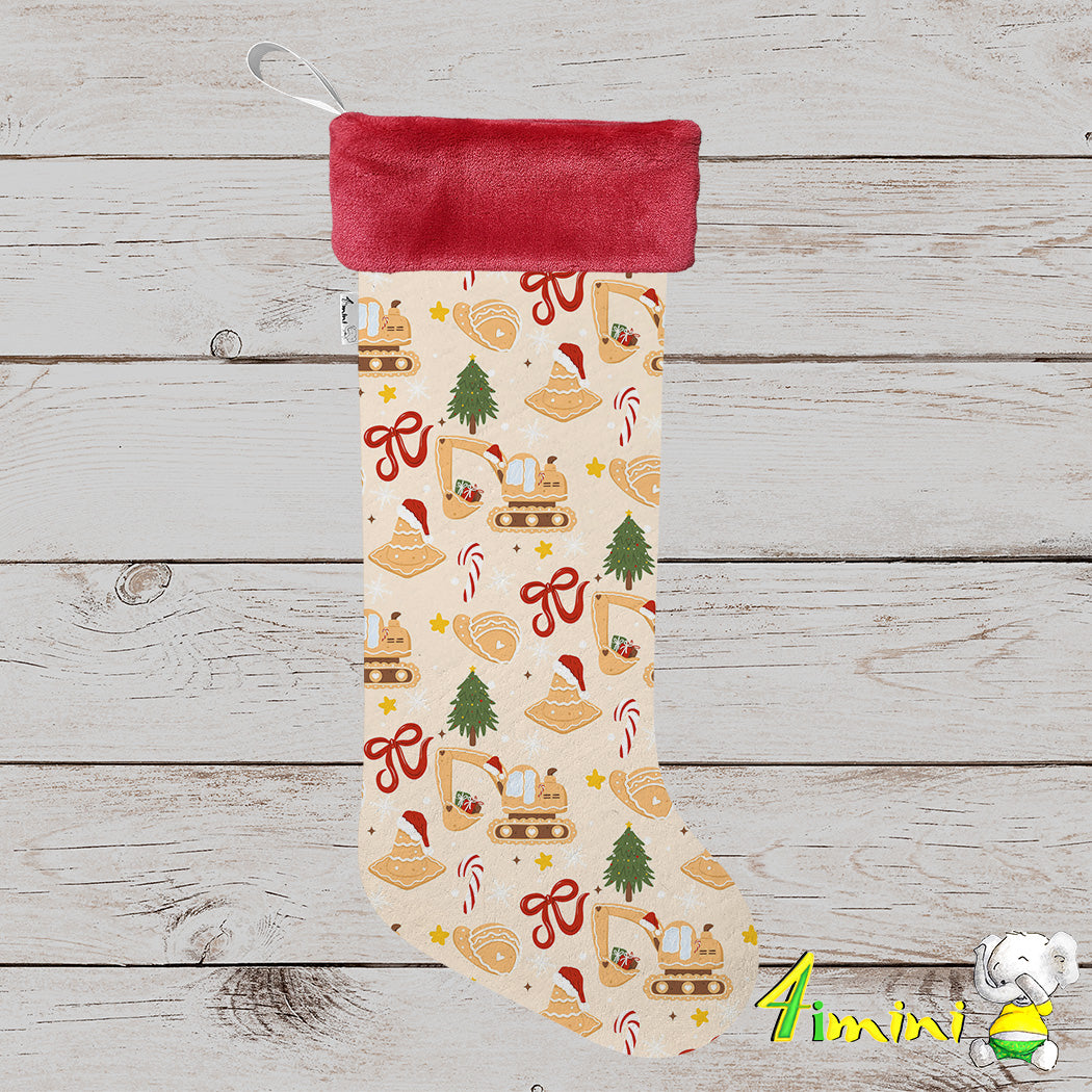 Bas de noël format à cadeau avec bordure rouge, avec le motif chantier de sablé, pelleteuse, pelle mécanique, sapin, ruban, cône, casque, canne de bonbon, étoile, biscuits sablé, pain d'épices par 4Timini