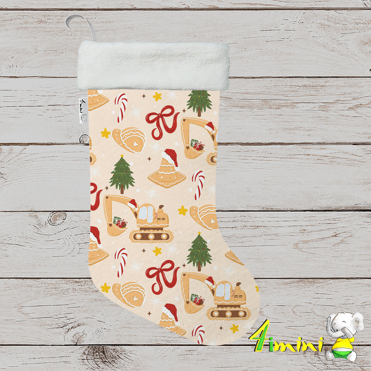 Bas de noël format décoratif avec bordure blanche, avec le motif chantier de sablé, pelleteuse, pelle mécanique, sapin, ruban, cône, casque, canne de bonbon, étoile, biscuits sablé, pain d'épices par 4Timini