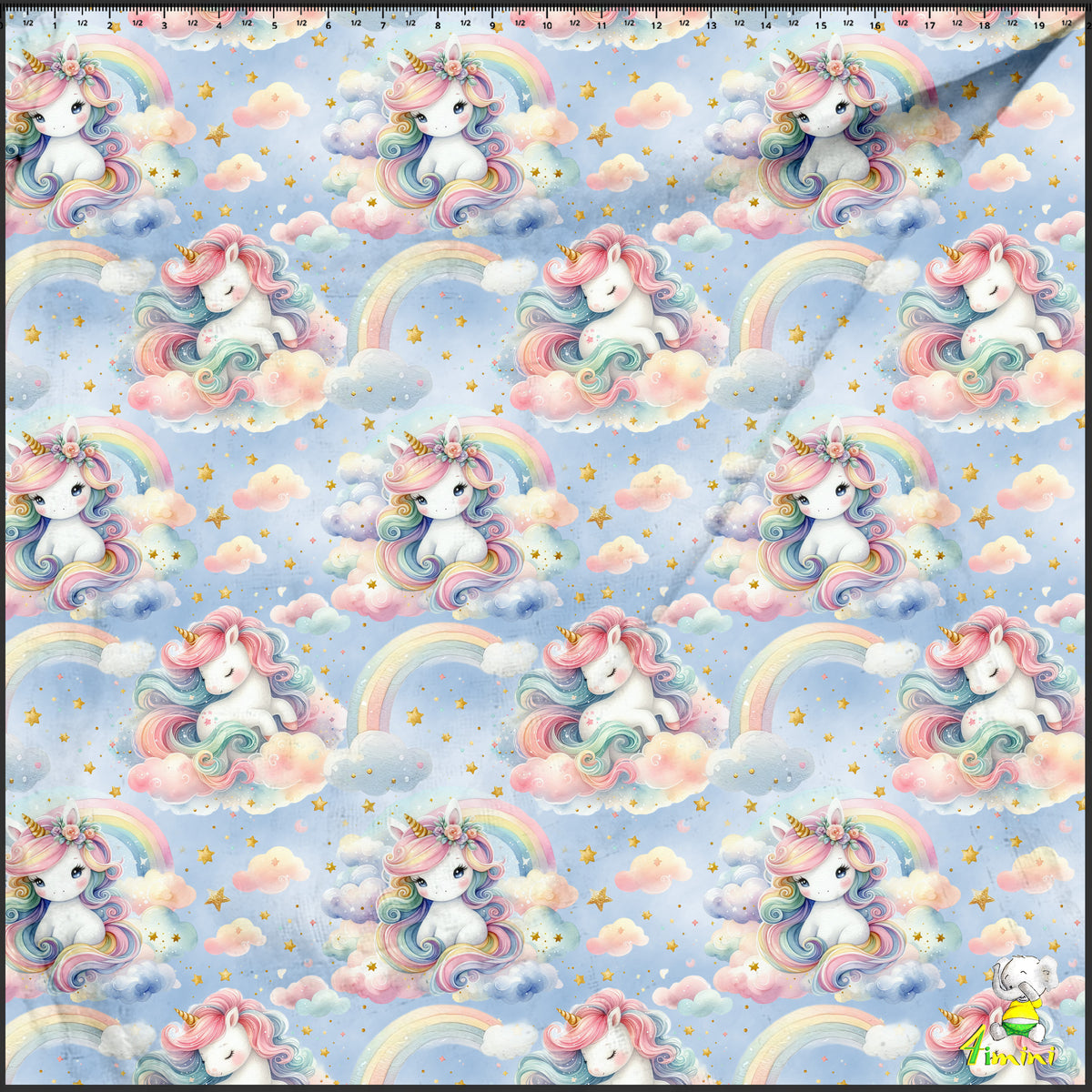 Motif jolie licorne arc-en-ciel dans les nuages, dans un ciel bleu étoilé