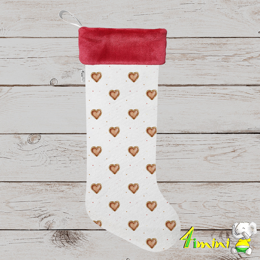 Bas de noël format à cadeau avec bordure rouge, avec le motif coeur croquant, biscuit en pain d'épice par 4Timini