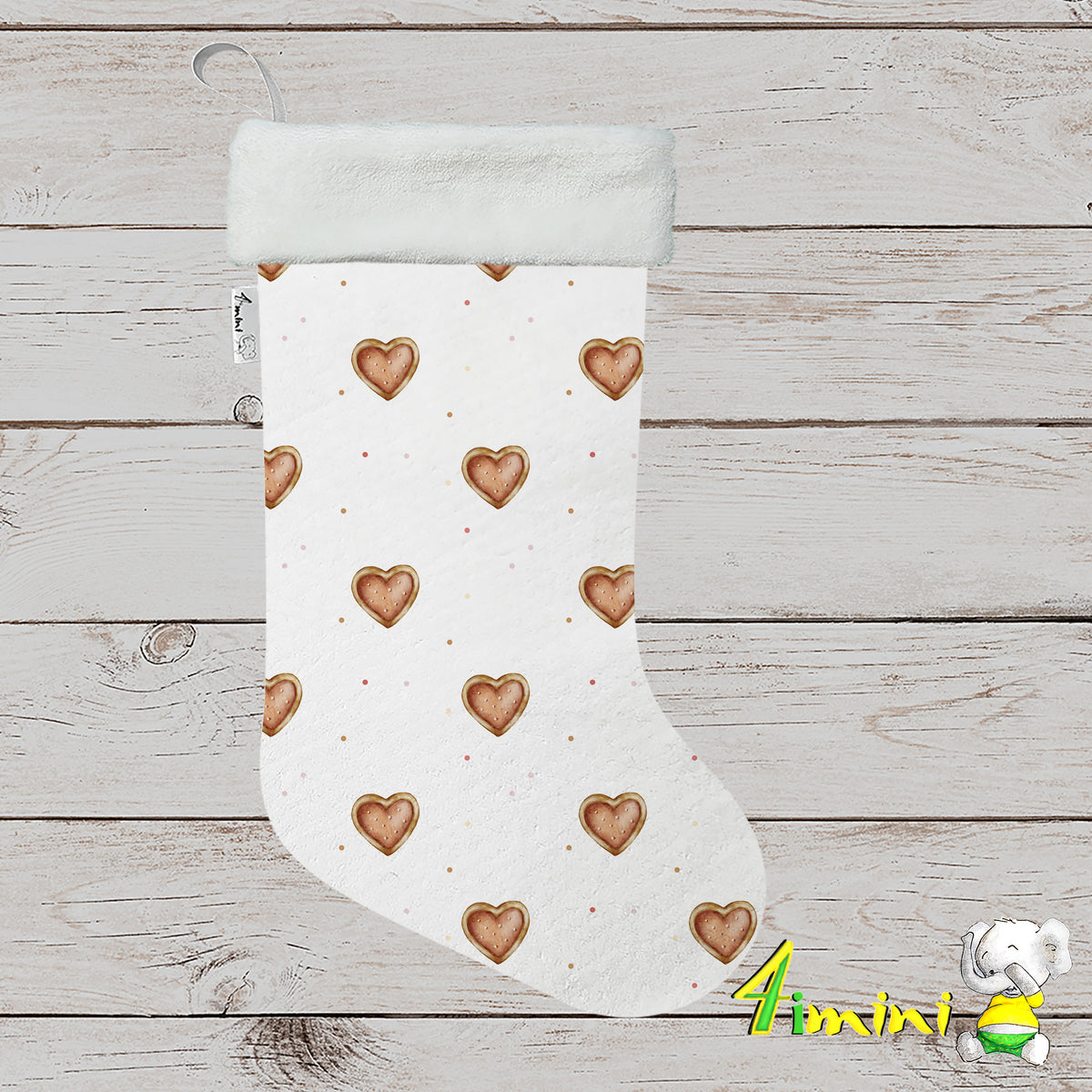 Bas de noël format décoratif avec bordure blanche, avec le motif coeur croquant, biscuit en pain d'épice par 4Timini