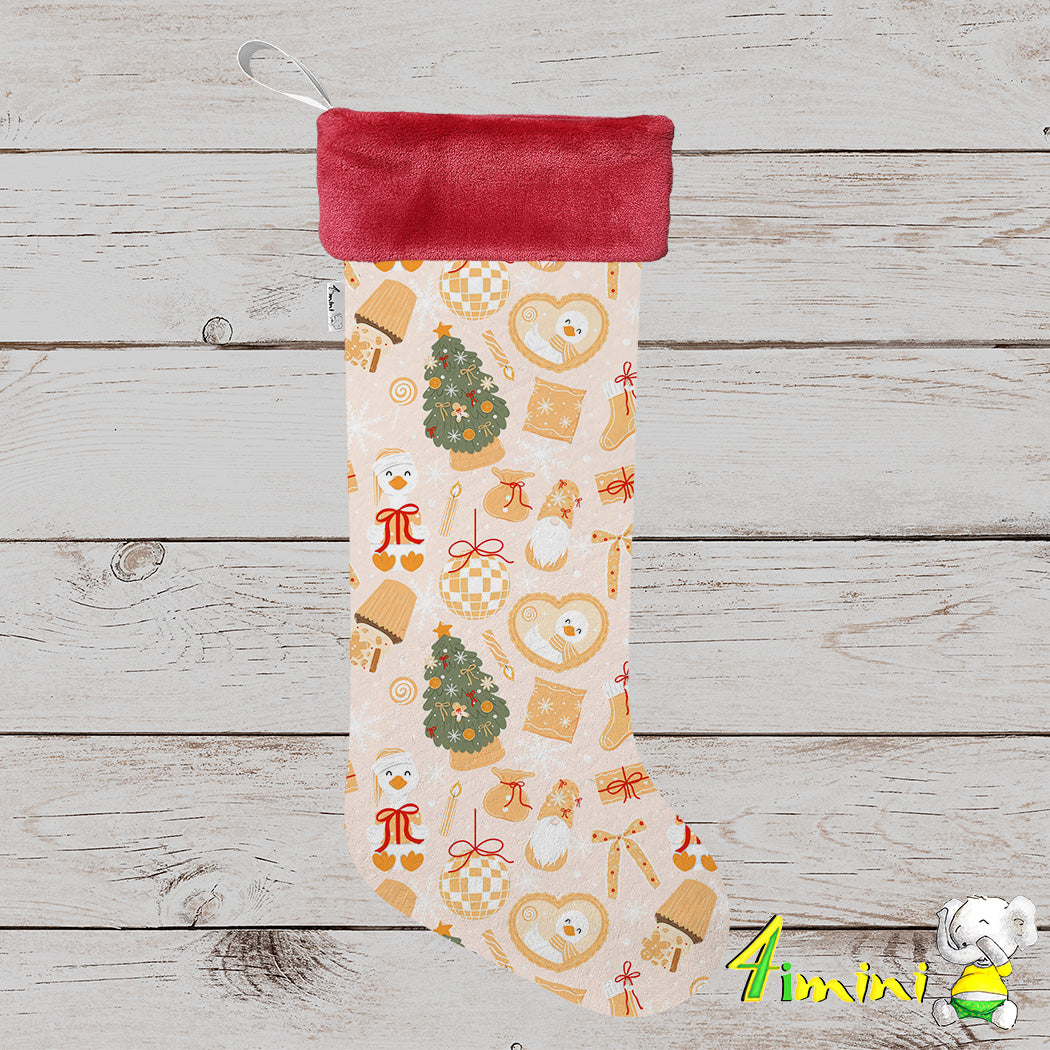 Bas de noël format à cadeau avec bordure rouge, avec le motif doré festif, biscuit, pain d'épice, sapin, ruban, lutin, boule de noël, cadeau par 4Timini