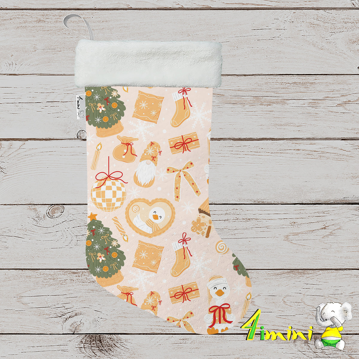 Bas de noël format décoratif avec bordure blanche, avec le motif doré festif, biscuit, pain d'épice, sapin, ruban, lutin, boule de noël, cadeau par 4Timini