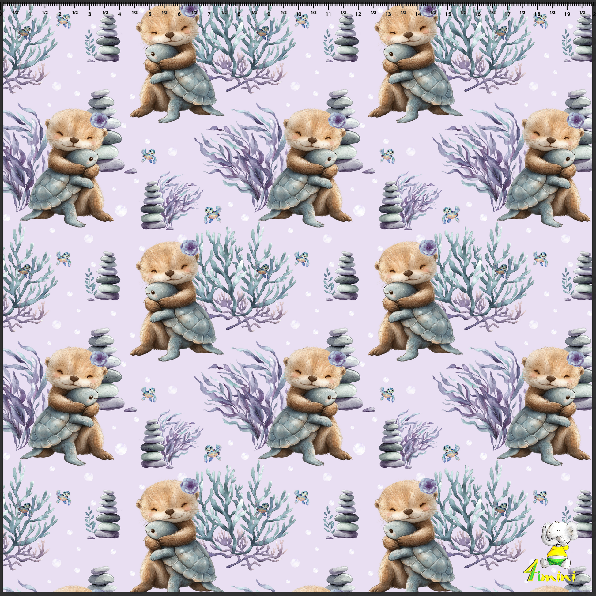 motif Douceur Océane, loutre, tortue, feuillage, algue, violet, lilas par 4Timini. 