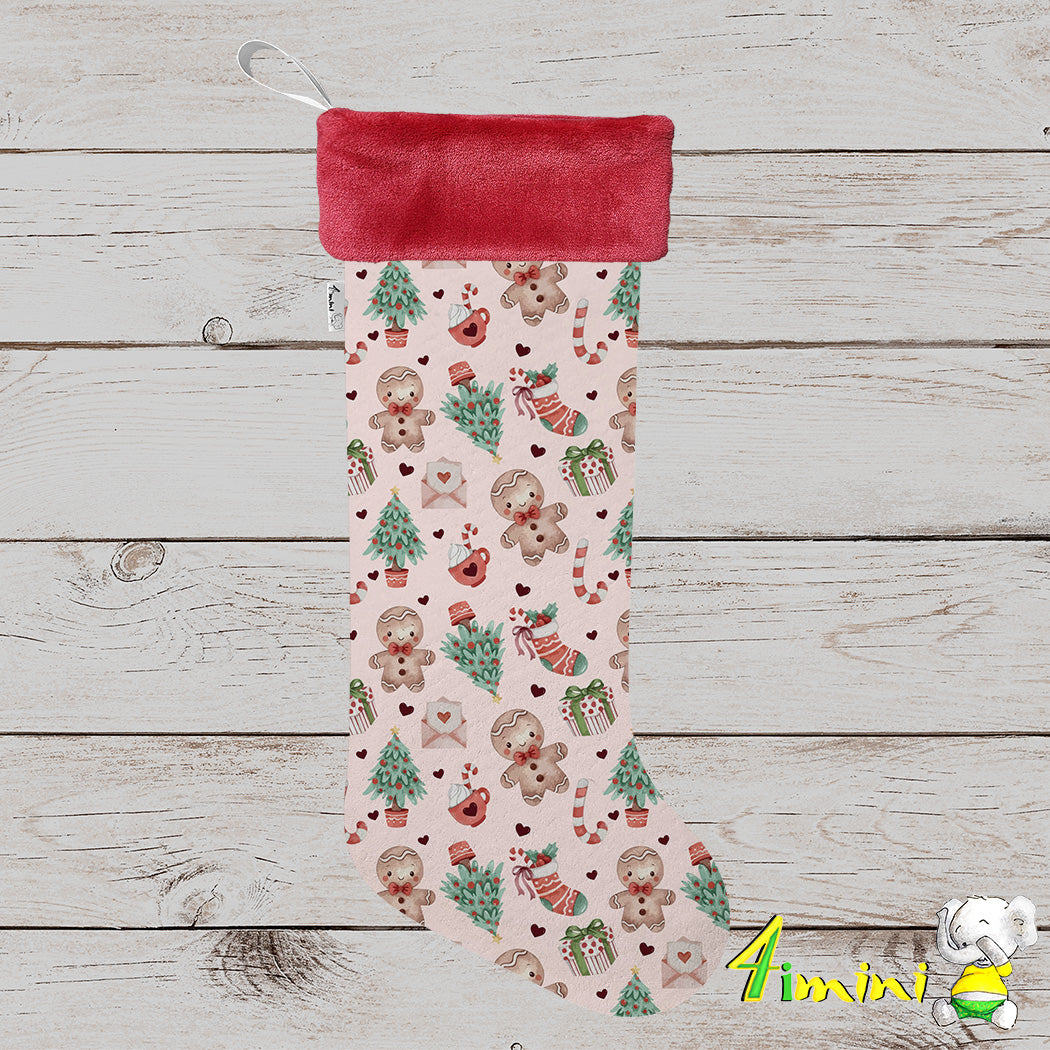 Bas de noël format à cadeau avec bordure rouge, avec le motif de bonhomme en pain d'épice, sapin, bas, cadeau, lettre, coeur sur un fond rose par 4Timini