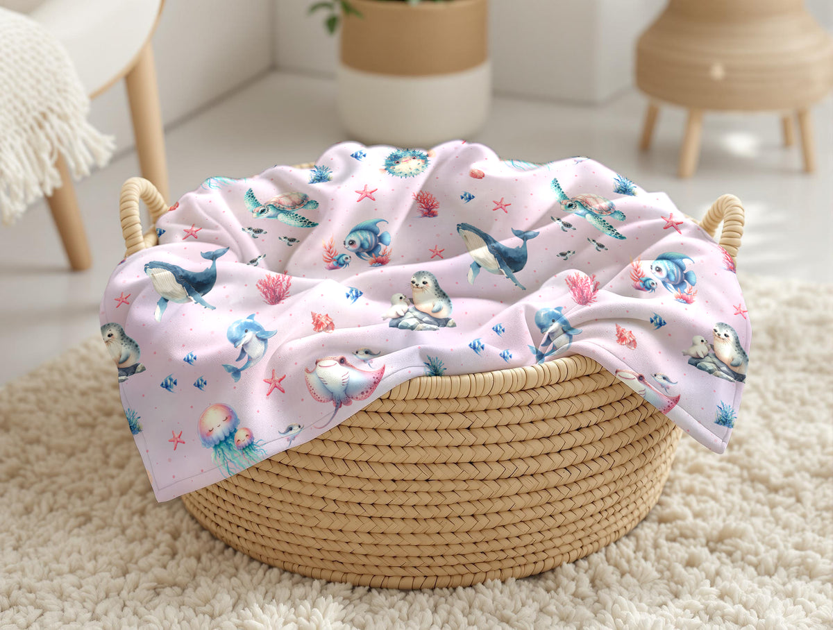 couverture, calinou doudou ultra-douce motif animaux marin, baleine, méduse, tortue, étoile de mer, hippocampe, océan, mer, poisson, dauphin par 4timini