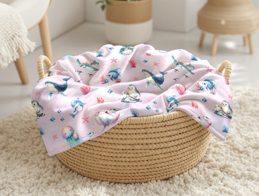 couverture, calinou doudou ultra-douce motif animaux marin, baleine, méduse, tortue, étoile de mer, hippocampe, océan, mer, poisson, dauphin par 4timini