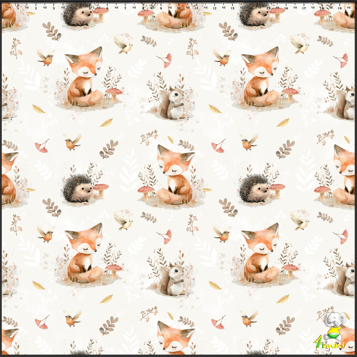 motif Doux renard, hérisson, écureuil, oiseau, feuillage par 4Timini. 