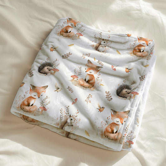 couverture, calinou doudou, doux renard hérisson, écureuil, oiseau, champignon, feuillage