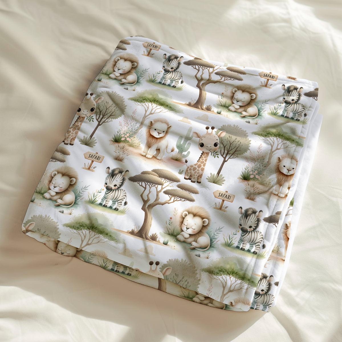 Calinou doudou, couverture ultra douce, motif doux safari (savane, girafe, lion, lionceau, zèbre) par 4Timini