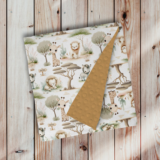 doudou, couverture ultra douce, motif doux safari avec endos brun pâle, café (savane, girafe, lion, lionceau, zèbre) par 4Timini