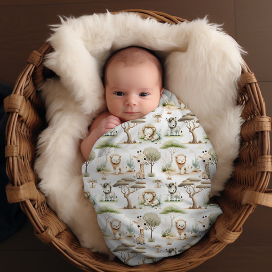 Couverture d'emmaillotage en mousseline de bambou et coton pour bébé, doudou motif  doux safari, savane, lion, lionceau, zèbre, girafe par 4Timini.