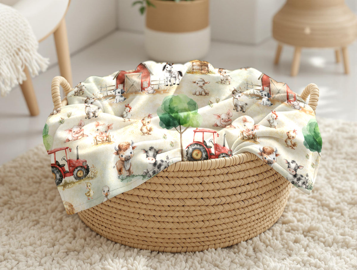couverture, doudou avec thématique de ferme avec animaux, tracteur, grange, vache, cheval, cochon, cheval, poule, chèvre, âne, mouton, canard style aquarelle par 4timini