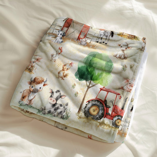 couverture, calinou doudou avec animaux de la ferme, tracteur, grange, vache, cheval, cochon, cheval, poule, chèvre, âne, mouton, canard style aquarelle par 4timini