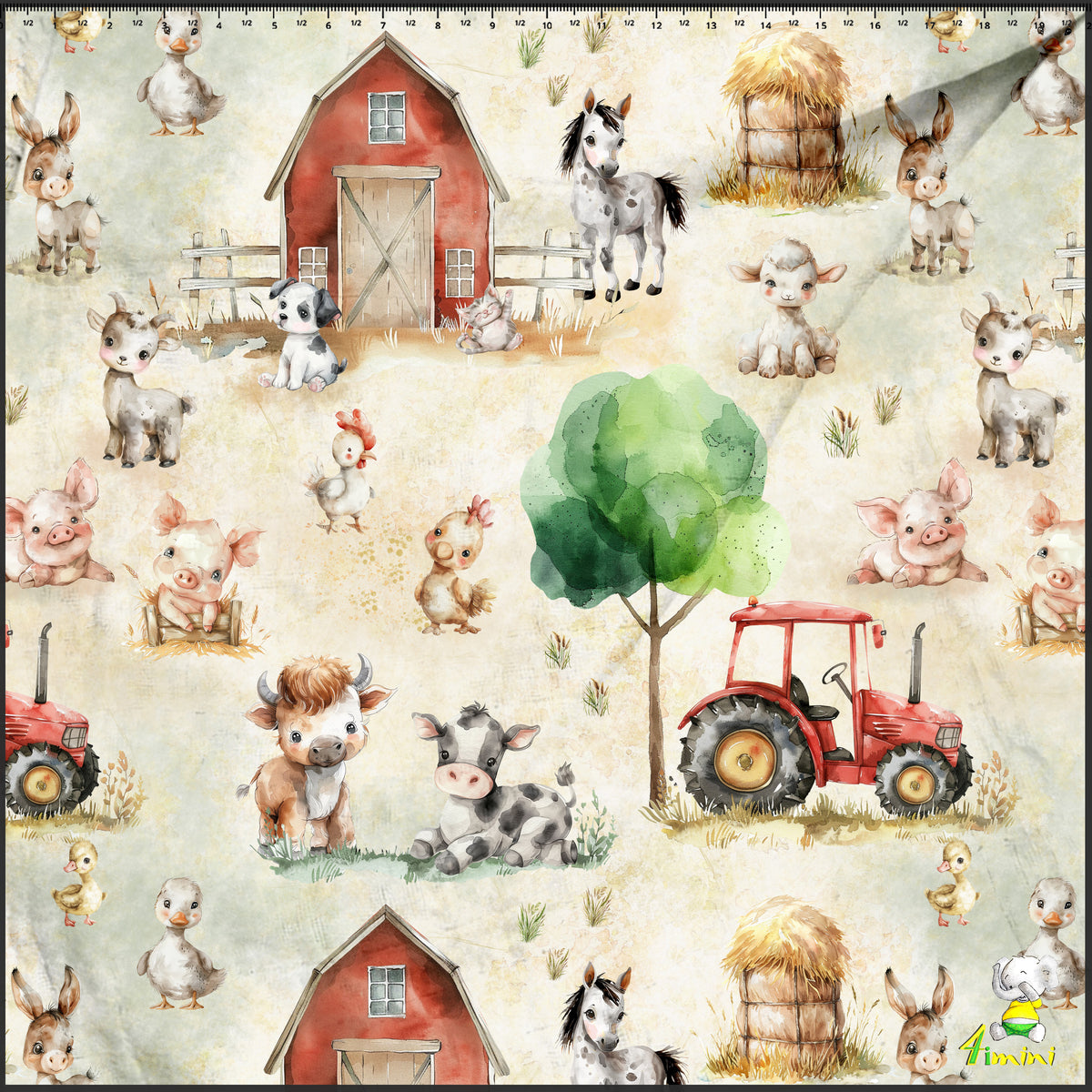animaux de la ferme, tracteur, grange, vache, cheval, cochon, cheval, poule, chèvre, âne, mouton, canard style aquarelle par 4timini