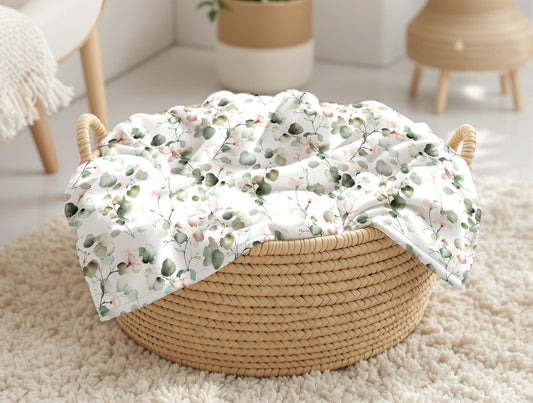couverture, calinou doudou ultra-douce avec un motif de feuillage d'eucalyptus vert et rose par 4timini