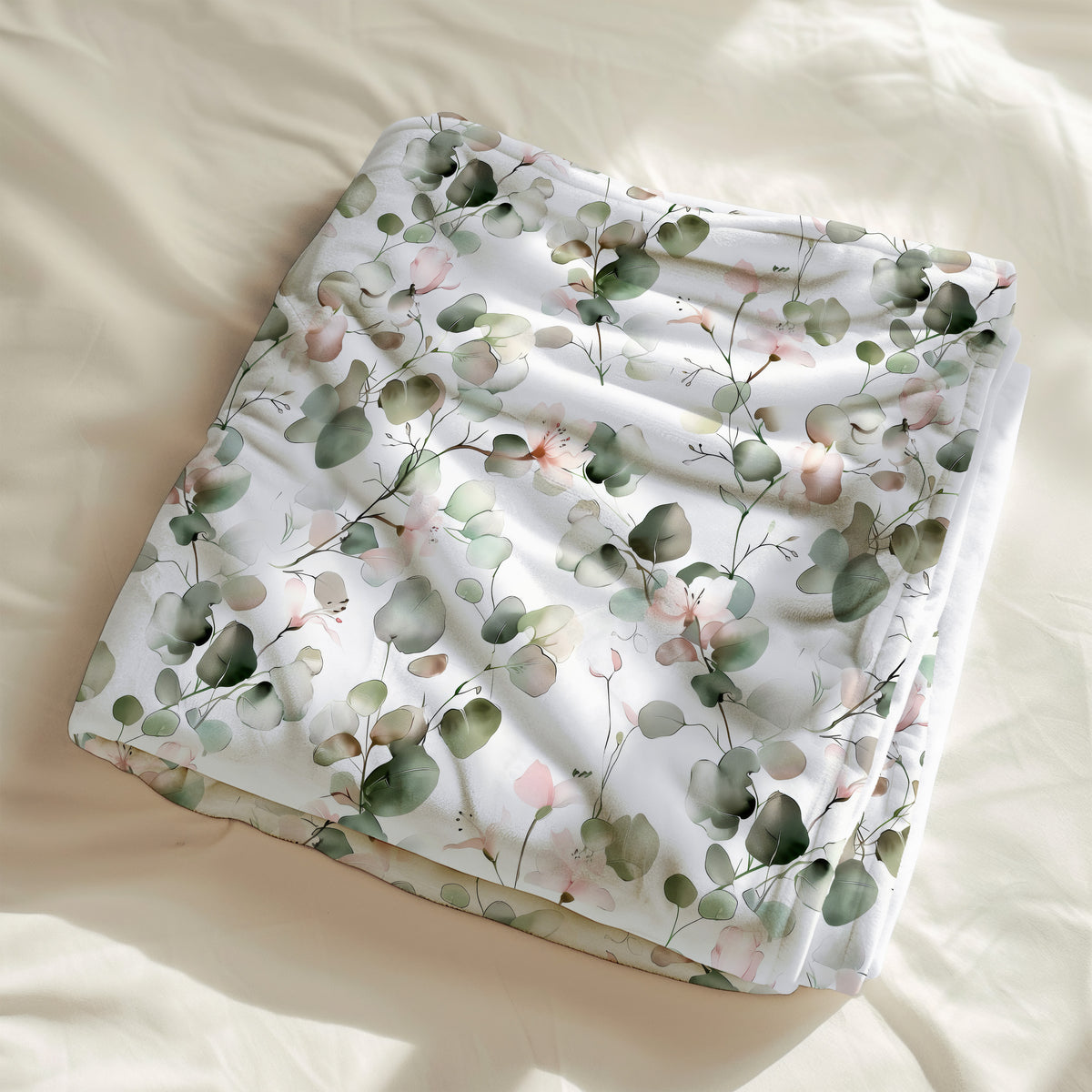 couverture, calinou doudou avec un motif de feuillage d'eucalyptus vert et rose par 4timini