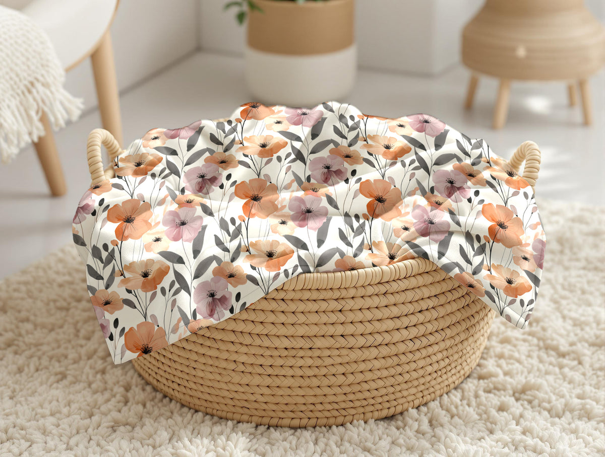 couveture, calinou doudou ultra-douce avec motif floral de fleurs orange et mauve par 4Timini.