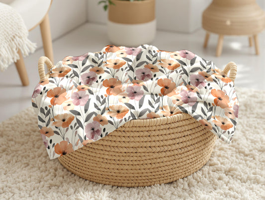 couveture, calinou doudou ultra-douce avec motif floral de fleurs orange et mauve par 4Timini.