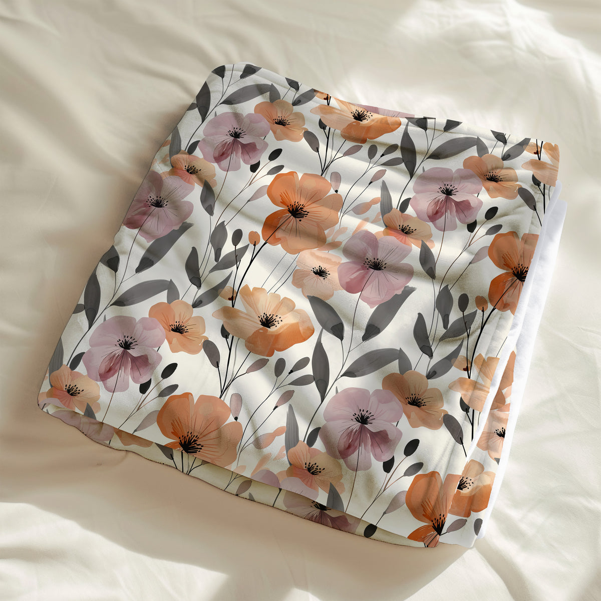 couveture, calinou doudou avec motif floral de fleurs orange et mauve par 4Timini.
