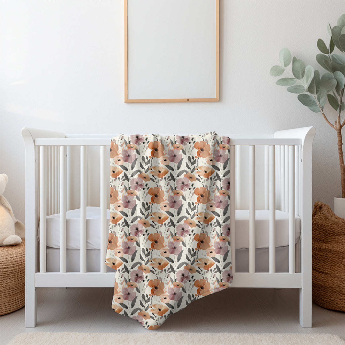 couveture, doudou avec motif floral de fleurs orange et mauve par 4Timini.