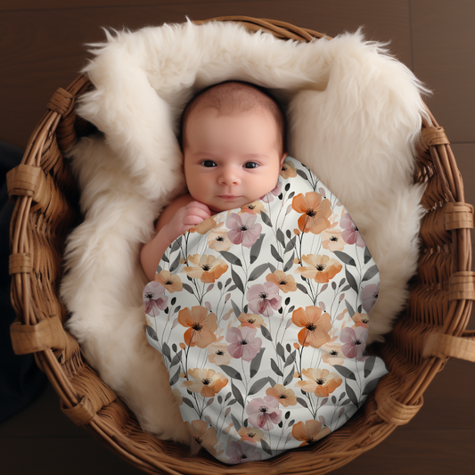 Couverture d'emmaillotage en mousseline de bambou et coton pour bébé, doudou motif Fleurs orange et mauve par 4Timini.