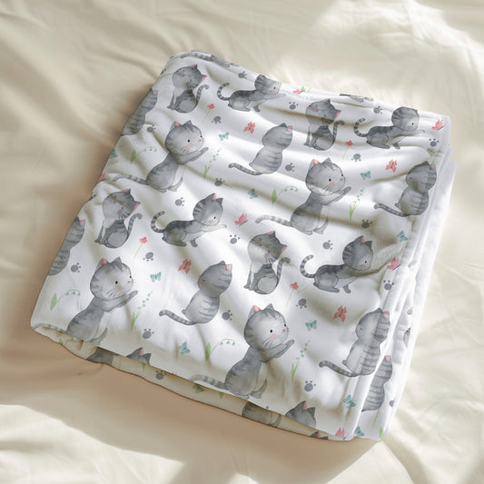 calinou doudou, couverture avec motif Grisou, chat, chaton, minou, gris, papillon par 4Timini. 