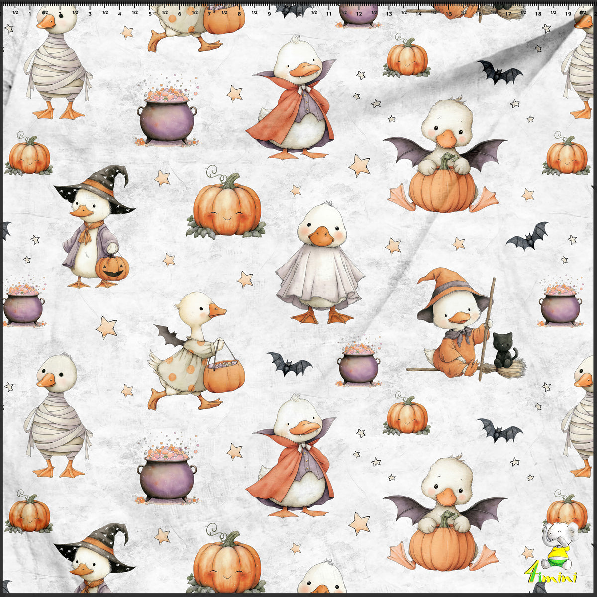 halloween, avec oie blanche costumé, citrouille, fantôme, chauve-souris, momie, sorcière, chat noir, potion