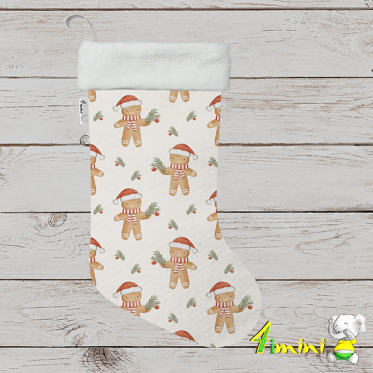 Bas de noël format décoratif avec bordure blanche, avec le motif de joyeux bonhomme de pain d'épice coiffé d'une tuque de Noël, portant un foulard rayé et tenant une délicate branche de sapin ornée d'une boule festive par 4Timini