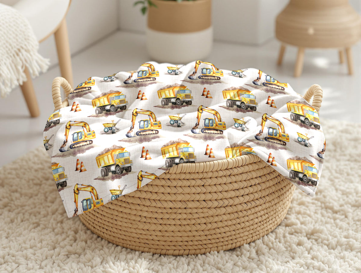 couverture, calinou doudou ultra-douce motif L'excavation, camion de construction, véhicule de chantier, pelle mécanique, camion benne, cone par 4Timini. 