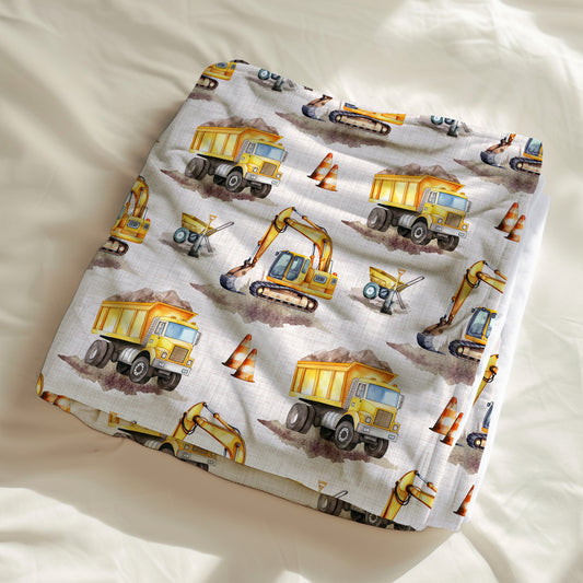 couverture, calinou doudou motif L'excavation, camion de construction, véhicule de chantier, pelle mécanique, camion benne, cone par 4Timini. 