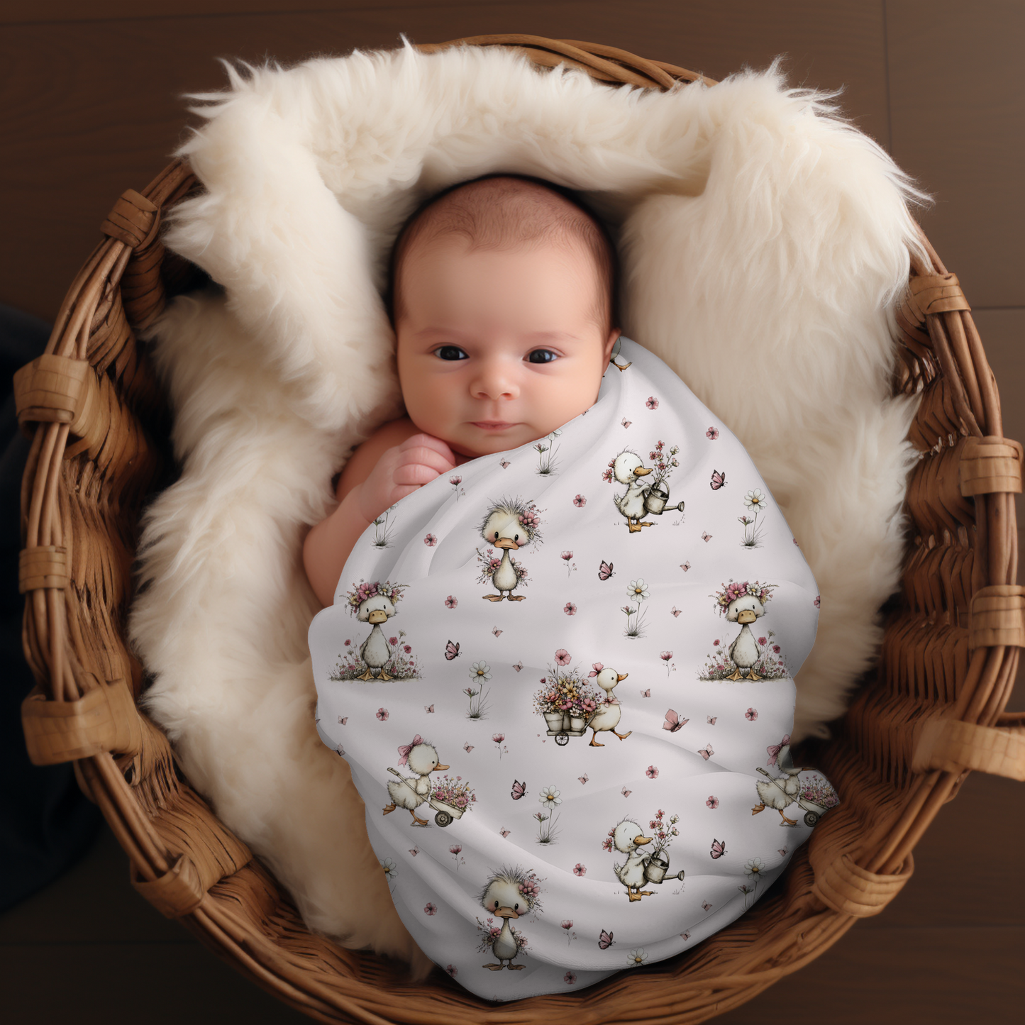Couverture d'emmaillotage en mousseline de bambou et coton pour bébé, doudou motif Le Jardin des Canetons oie, cane, canard, floral, fleurs, rose, papillon