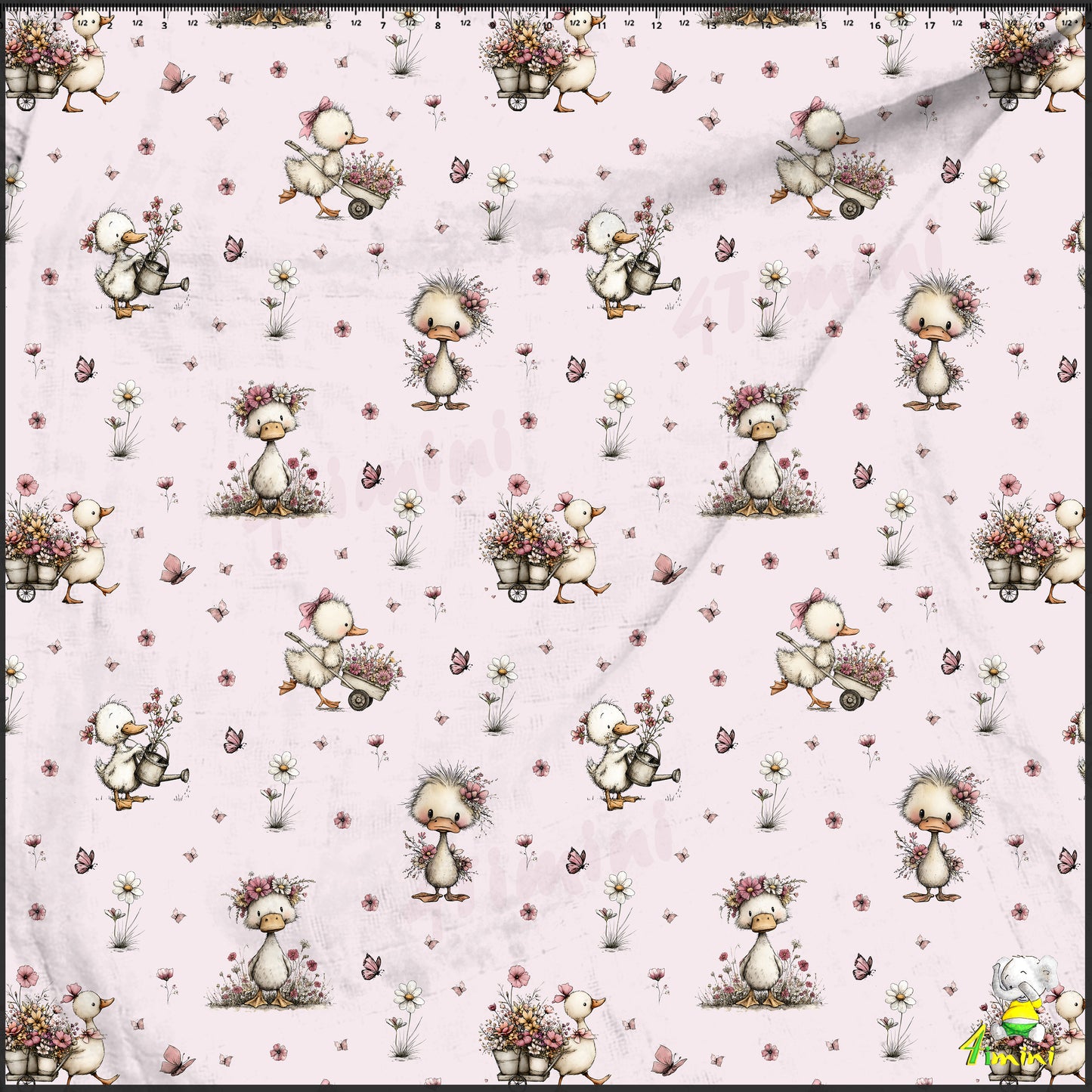 oie, cane, canard, floral, fleurs, rose, papillon