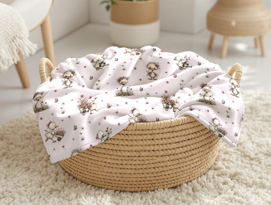couverture, calinou doudou ultra-douce, oie blanche, cane, canard, floral, fleurs, rose, papillon par 4timini