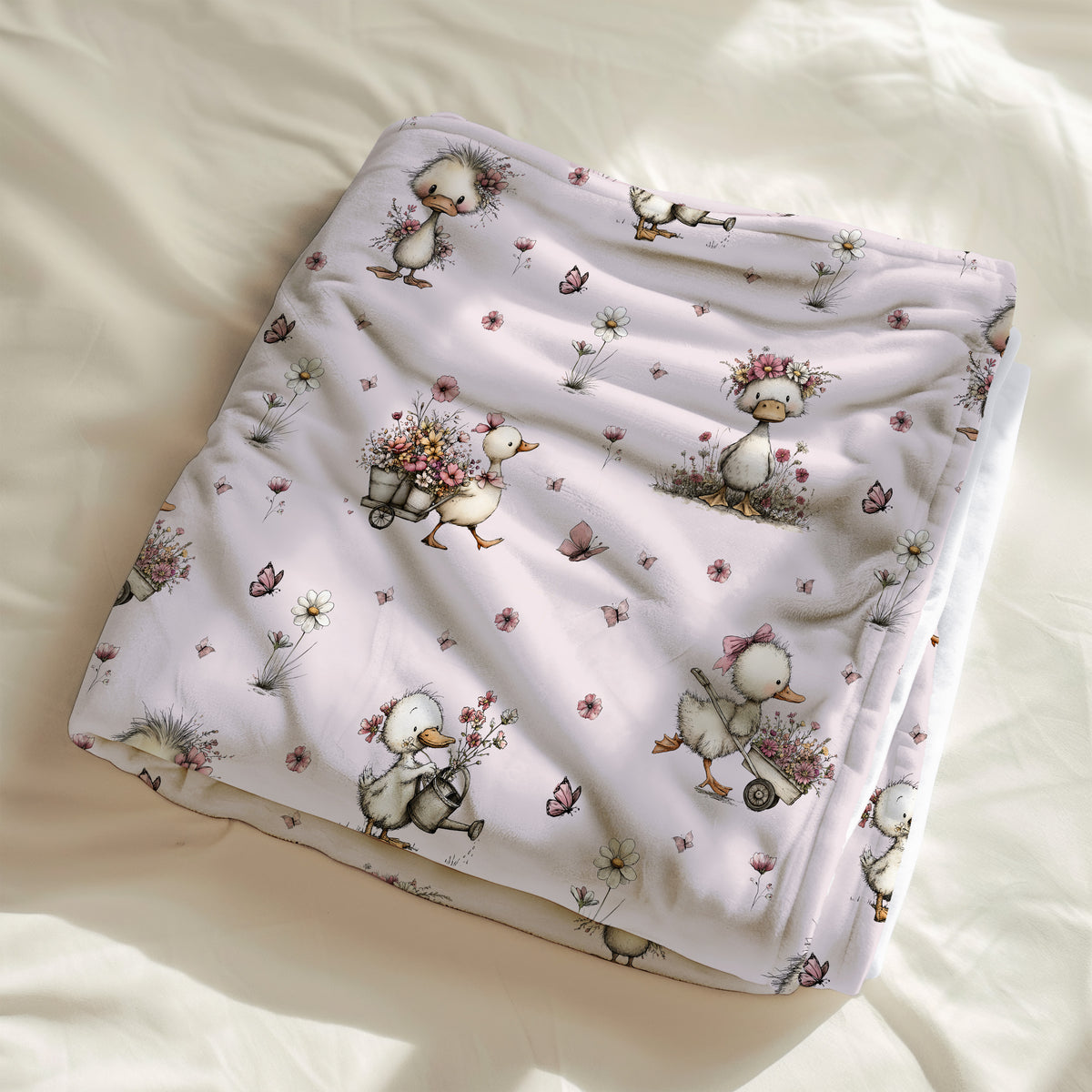 couverture, calinou doudou, oie blanche, cane, canard, floral, fleurs, rose, papillon par 4timini