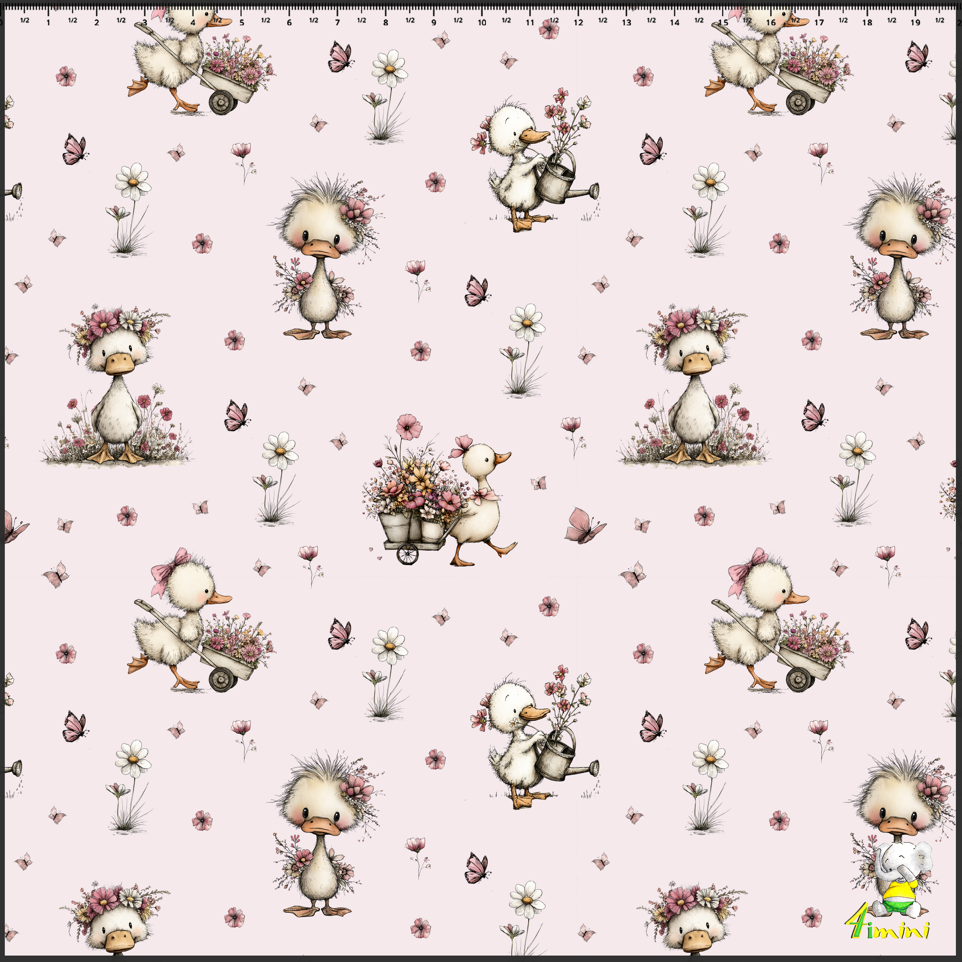 oie, cane, canard, floral, fleurs, rose, papillon