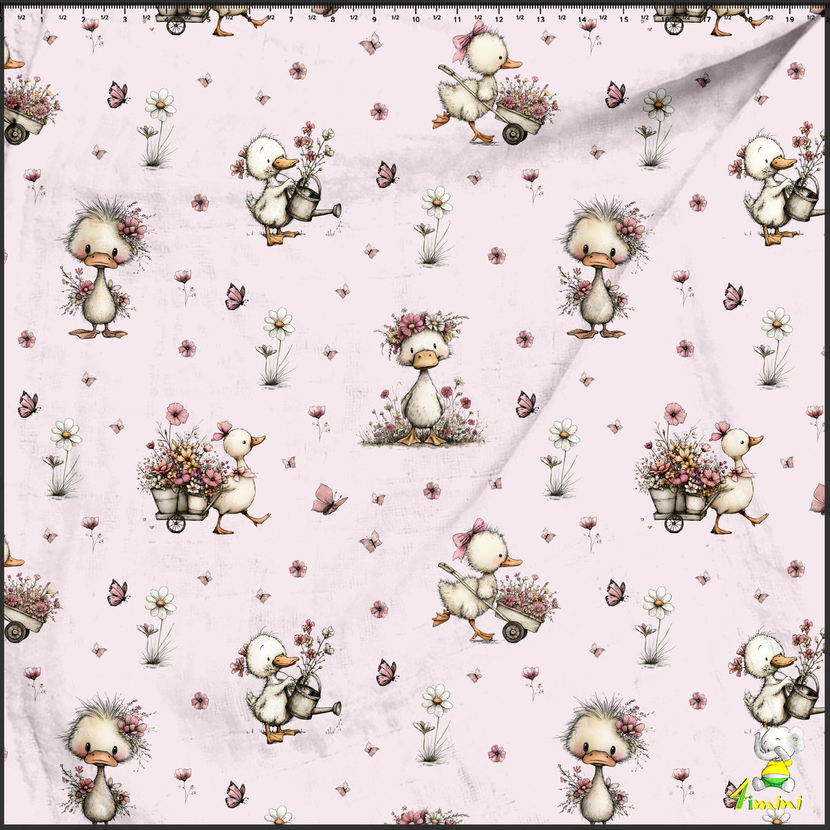 oie, cane, canard, floral, fleurs, rose, papillon