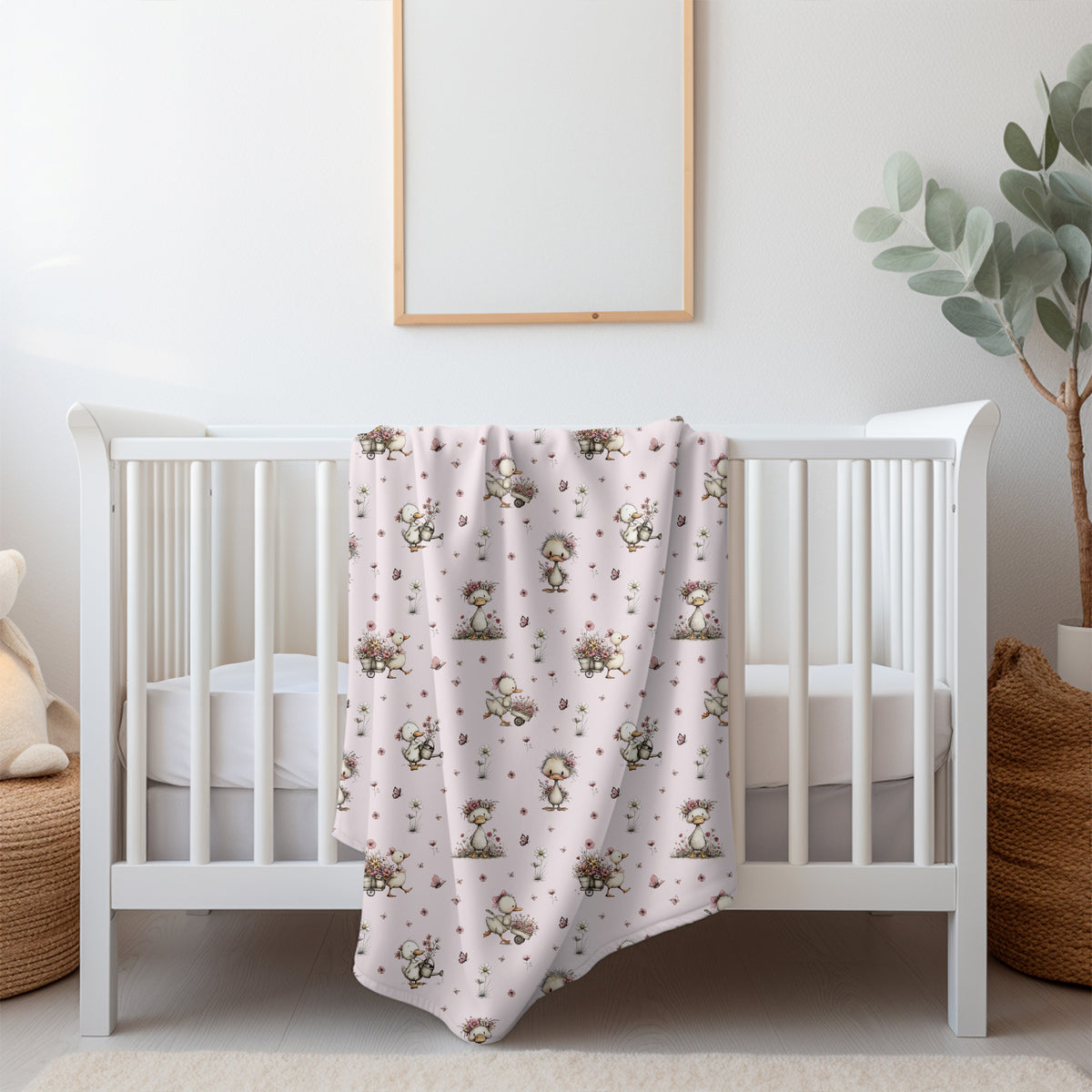 couverture, doudou oie blanche, cane, canard, floral, fleurs, rose, papillon par 4timini
