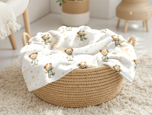 couverture, calinou doudou ultra-douce avec motif de petit ours, ourson avec lune et petites étoiles par 4timini